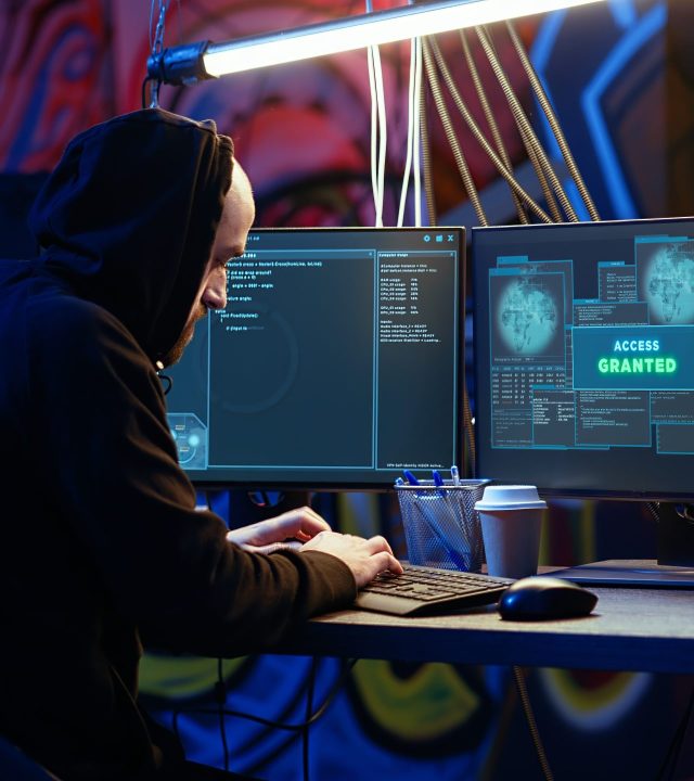 Hooded hacker in graffiti painted hideaway targeting vulnerable unpatched connections, having burst of joy after getting access granted past security and stealing valuable sensitive data