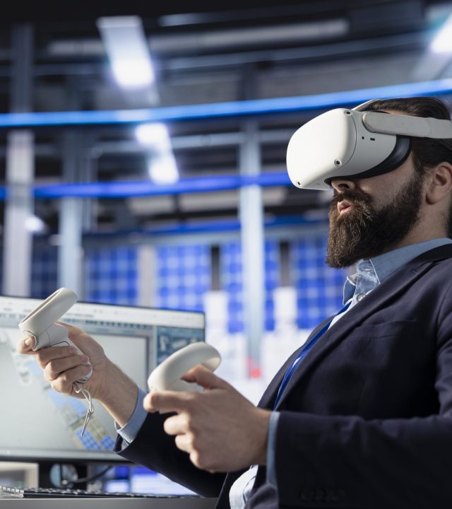 Photovoltaics factory employee using VR equipment to conduct robotic machinery testing. Solar panels plant specialist using virtual reality tech to consult manufacturing parameters, making adjustments